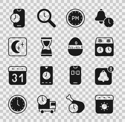 Sticker - Set Calendar summer, Alarm clock app mobile, Time chess, Day time, Old hourglass, Moon and stars, and Kitchen timer icon. Vector