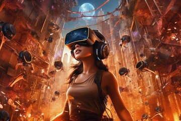 Wall Mural - Woman with VR headset exploring the metaverse, Generative AI Technology