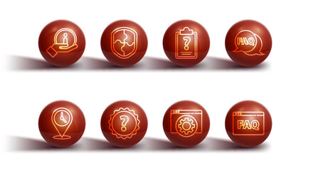 Poster - Set line Information, Location with clock, Speech bubble FAQ, Browser setting, Question mark, Shield, and Clipboard question marks icon. Vector