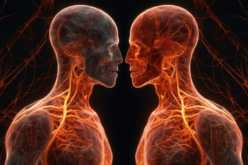 Wall Mural - two spiritual human bodies on dark background. souls connection. created with generative ai