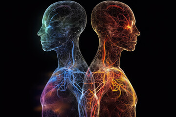 Wall Mural - two spiritual human bodies on dark background. souls connection. created with generative ai