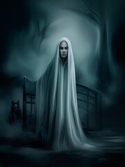 Poster - Mysterious woman in a dark and creepy background