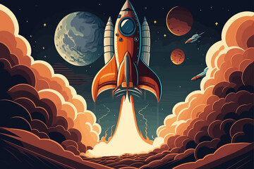 Wall Mural - Spaceship launch. Launching a rocket as a symbol of the start of a business startup. Vector illustration EPS 10