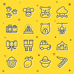 Sticker - Set line Swiss army knife, Tourist tent, Spider, Rhinoceros, Chichen Itza Mayan, Photo camera, Paw print and Bear head icon. Vector