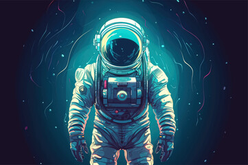 Wall Mural - astronaut in a space suit is flying in space next to planets and stars. vector illustration eps 10