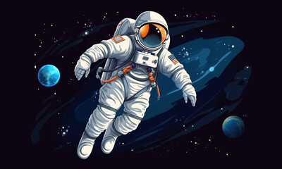 astronaut in a space suit is flying in space next to planets and stars. vector illustration eps 10