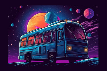 Wall Mural - bus on a planet in space in futuristic color palette. space travel, space taxi. vector illustration 
