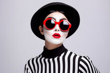 Portrait Of A Mime Artist With Traditional White Paint Make-up, Sunglasses And Hat. Black, Red And White Theatre Artist. Generative AI