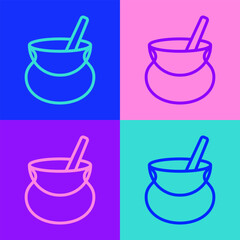 Poster - pop art line witch cauldron icon isolated on color background. happy halloween party. vector