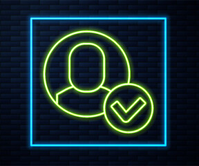 Poster - Glowing neon line Worker icon isolated on brick wall background. Business avatar symbol user profile icon. Male user sign. Vector