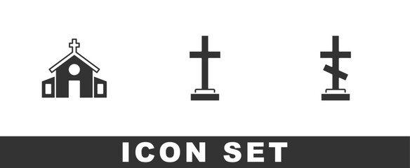 Poster - Set Church building, Grave with cross and icon. Vector