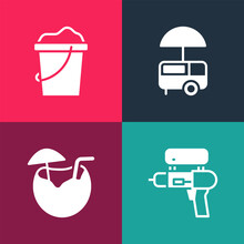Set Pop Art Water Gun, Coconut Cocktail, Fast Street Food Cart And Sand In Bucket Icon. Vector