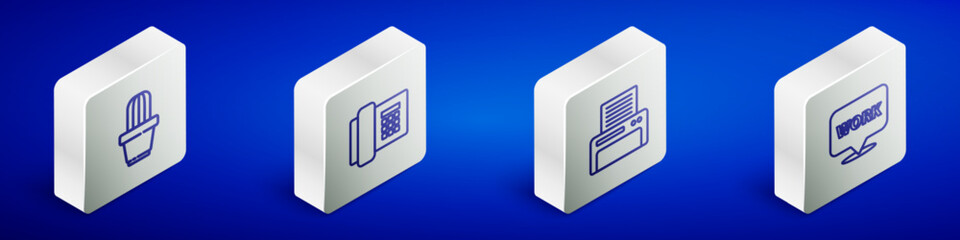 Poster - Set Isometric line Cactus and succulent in pot, Telephone, Printer and Location with text work icon. Vector
