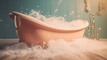  A Bathtub Filled With Foam And Bubbles On A Wooden Floor.  Generative Ai