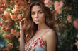 © vladdeep - fashion brunette woman outdoor in elegant dress posing in blooming garden photo. AI generative