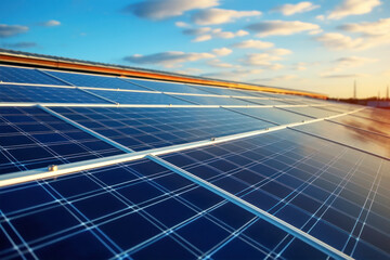 Wall Mural - solar panels with afternoon sky sunset background. closeup detail. generative ai