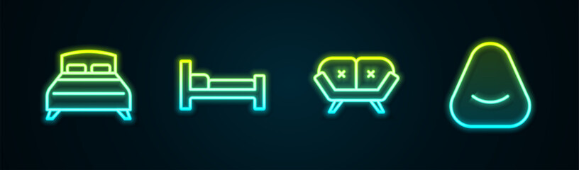 Poster - Set line Big bed, Bed, Sofa and Pouf. Glowing neon icon. Vector