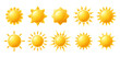 © WinWin - Sun 3D icons. Yellow brightness symbol, sun with rays shape, clear sunny day and hot temperature weather vector illustration set