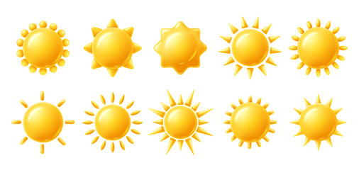 sun 3d icons. yellow brightness symbol, sun with rays shape, clear sunny day and hot temperature wea