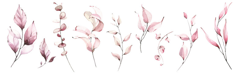 Watercolor floral set of pink leaves, greenery, branches, twigs etc. Cut out hand drawn PNG illustration on transparent background. Watercolour clipart drawing.