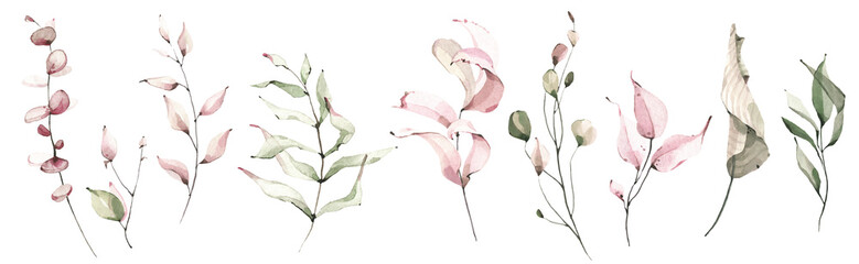 watercolor floral set of pink, green leaves, greenery, branches, twigs etc. cut out hand drawn png i