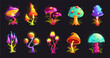 Fantasy mushrooms. Magic fungus, hallucinogenic neon fluorescent mushroom and alien forest fungi cartoon vector illustration set
