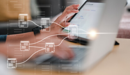 diagram, plan, workflow, process, strategy, structure, information, chart, project, checked. typing keyboard to create diagram. workflow and plan process information project. strategy for project.