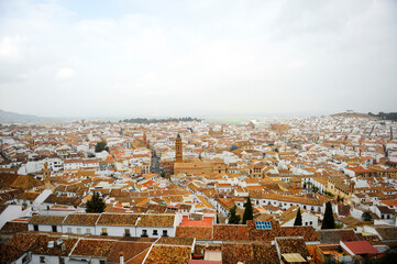 Scenic view of the city of Antequera seen from the Alcazaba on a cloudy winter day. Antequera, cities of the province of Malaga, Andalusia, S