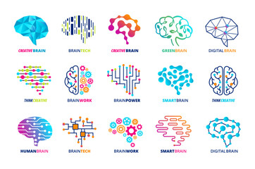 Brain emblem template. Smart assistant, ai and human brains, neural engine and creative mind vector icons set