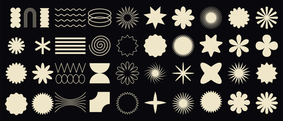 Big vector set of brutalist geometric shapes. Trendy abstract minimalist figures, stars, flowes, circles. Modern abstract graphic design elements.Vector