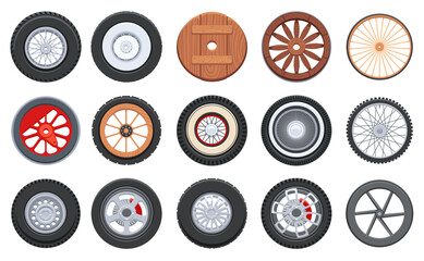 Cartoon transport wheel. Sport car tires, vintage wooden cart, old train and bicycle wheels vector elements set