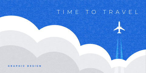 Wall Mural - Abstract minimal summer horizontal poster, cover, card with blue sky, plane in the clouds and modern typography. Summer holidays, journey, vacation travel illustration. Promo ads design template