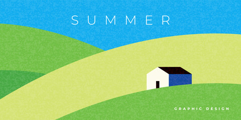 Abstract minimal summer horizontal poster, cover, card with blue sky, green fields, farm house and modern typography. Summer holidays, nature landscape illustration. Promo ads design template