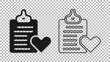 Sticker - Black Medical clipboard with clinical record icon isolated on transparent background. Prescription, medical check marks report. Vector