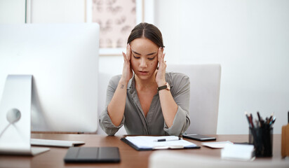 Wall Mural - Migraine, headache and business woman in office with online career burnout, mental health risk and mistake. Brain fog, problem or pain of asian person or employee massage temple, fatigue and stress