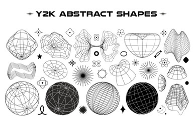Poster - Abstract y2k geometric elements and wireframe shapes. Black and white line design elements. Vector illustration for social networks or posters. EPS 10