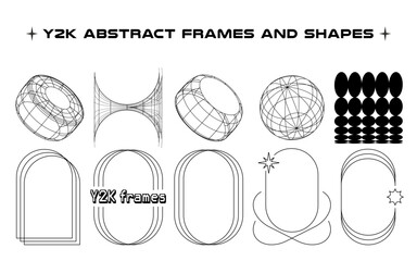 Poster - Set of abstract aesthetic y2k geometric elements and wireframe shapes. Black and white retro line design elements. Vector illustration for social networks or posters on transpаrent background.