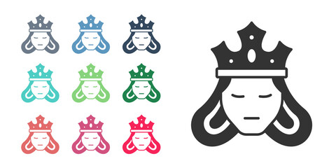 Sticker - Black Princess or queen wearing her crown icon isolated on white background. Medieval lady. Set icons colorful. Vector