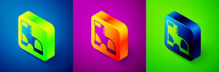 Canvas Print - Isometric Hunter boots icon isolated on blue, purple and green background. Square button. Vector