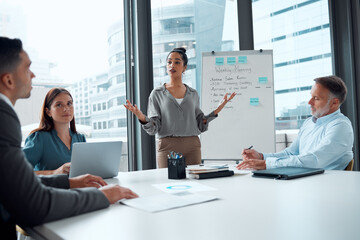 Black woman, leader talking and group discussion for business meeting, analytics collaboration and marketing management. Business people, african female and growth leadership presentation in office