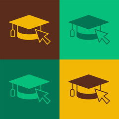 Wall Mural - Pop art Graduation cap with cursor icon isolated on color background. World education symbol. Online learning or e-learning concept. Vector