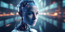 Beautiful Female Cyber Fashion Robot On The Futuristic Techno Background. Artificial Intelligence. Quantum Computer. AI Generative