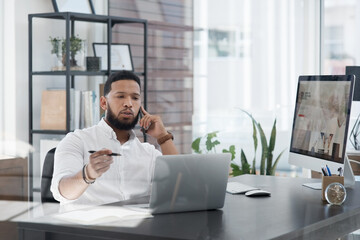 Poster - Laptop, phone call and planning with a business man at his desk in the office for communication or networking. Computer, mobile and contact with a male employee working online for company negotiation