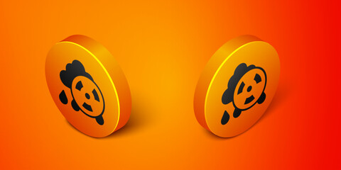 Poster - Isometric Acid rain and radioactive cloud icon isolated on orange background. Effects of toxic air pollution on the environment. Orange circle button. Vector