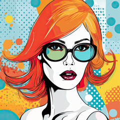 Wall Mural - Portrait of a young beautiful fashion girl in glasses on a bright background in the style of pop art. AI generated illustration