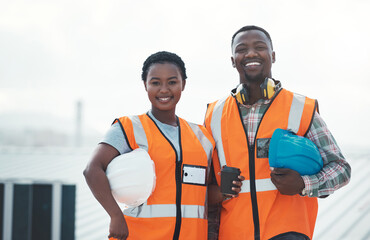 Poster - portrait, engineer team and smile of black people at construction site with coffee. teamwork, archit