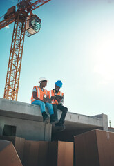 Tablet, engineer and talking on building roof at construction site for vision, development or architecture. Black woman and man outdoor for engineering teamwork, mobile app or safety with sky mockup