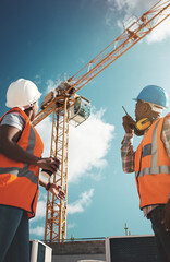 Poster - Construction, engineering and team with walkie talkie and crane for building project, teamwork or architecture. Black woman and man manager together for engineer planning or safety inspection outdoor