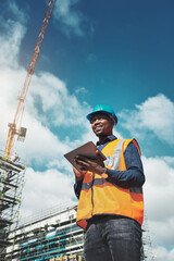 Poster - engineer man, construction and thinking with a tablet for project management, development and archit