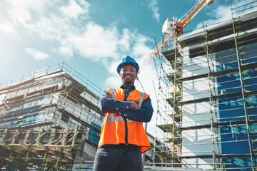 Aufkleber - Engineer, construction and portrait of a black man at building site for development and architecture. Male contractor happy about project management, engineering and safety inspection outdoor in city